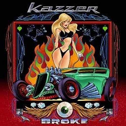 Album cover with blonde pin-up girl and green hot rod car surrounded by flames.