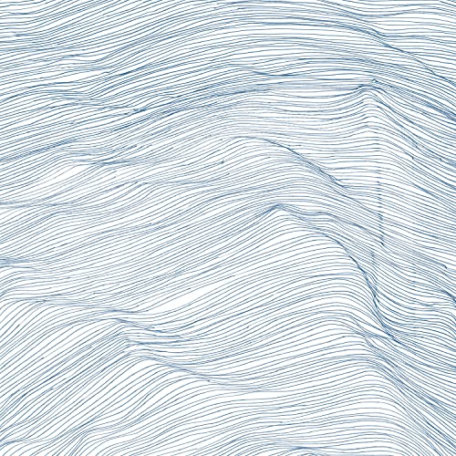 Abstract blue line art resembling waves on a white background.