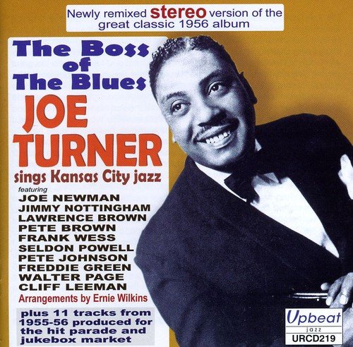 "CD cover featuring a black and white photo of Joe Turner against an orange background."