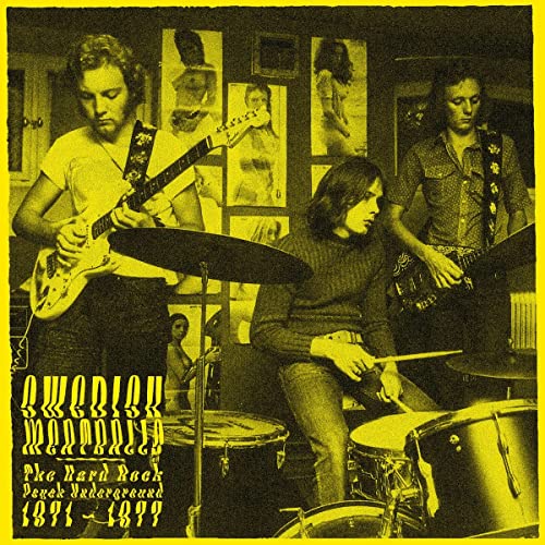 Yellow album cover featuring a 1970s rock band with vintage photos.