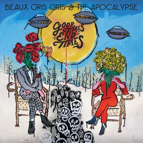 Album cover with figures in suits, flowers for heads, and UFOs.