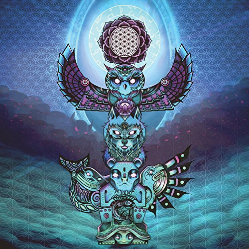Totem pole featuring owl, wolf, bear, and other animal figures in blue tones.