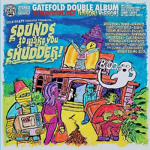 Colorful illustrated vinyl album cover with monsters and a spooky house.