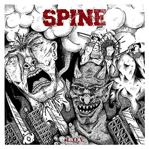 Black and white album cover with distressed figures and the text "SPINE" and "L.O.V".