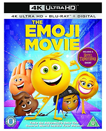 The Emoji Movie" Blu-ray cover featuring Gene, a smiling yellow emoji, and friends.