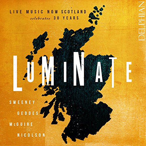 "Luminate" CD cover featuring a black map of Scotland on a yellow background.