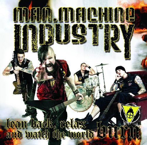 Man.machine.industry album cover featuring four musicians in a fiery setting.