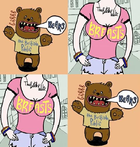 A cartoon collage of a bear and woman swapping shirts with "breasts/bears" text.