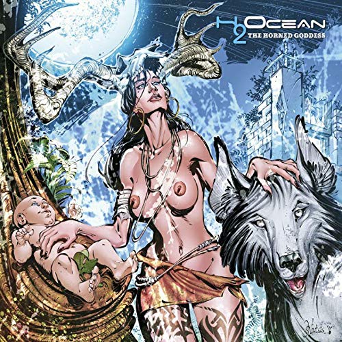 "H2ocean album cover featuring a horned goddess with a wolf and infant."