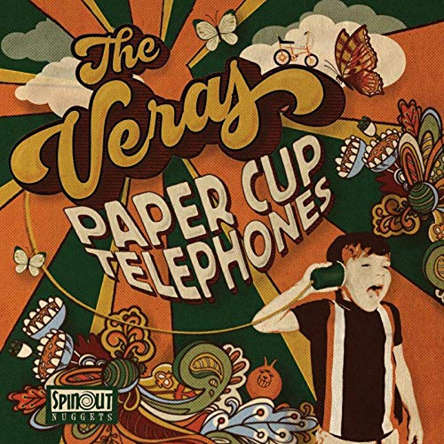 Vinyl album cover featuring a man talking on a paper cup telephone.
