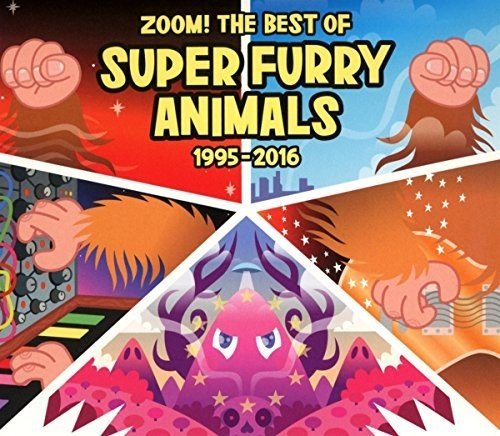 "Album cover with cartoon graphics and title 'Super Furry Animals' in yellow text."