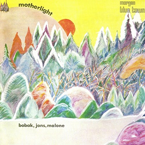 The image is an album cover for "Motherlight" by Bobak, Jons, Malone. The alt text for this image is: "Album cover with snowy mountains and trees illustration."