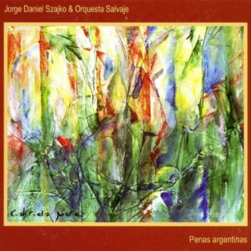 "Album cover with abstract painting on red background, yellow border, and artist names."