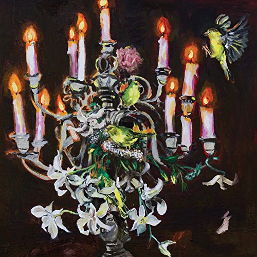 Painting of a silver candelabra with lit candles and small yellow birds.