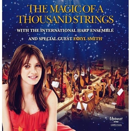 "CD cover featuring a group of harpists and a woman in a red dress."