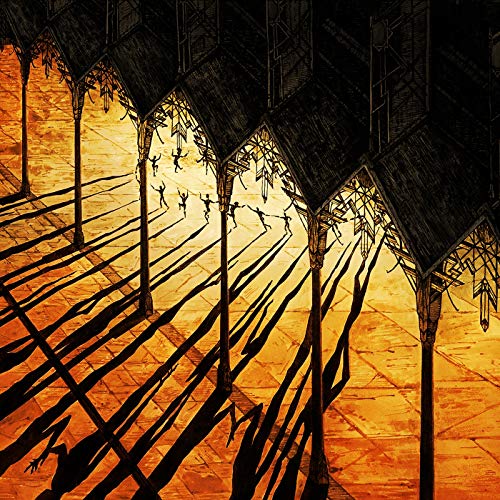 Dark, abstract illustration with figures in a golden, cathedral-like space.