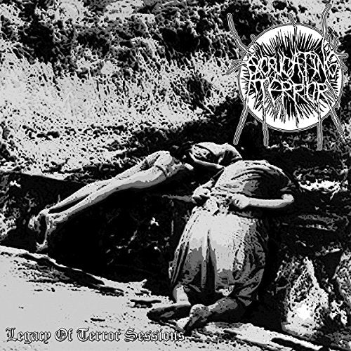 Black and white album cover with a kneeling figure and a corpse, featuring a logo.