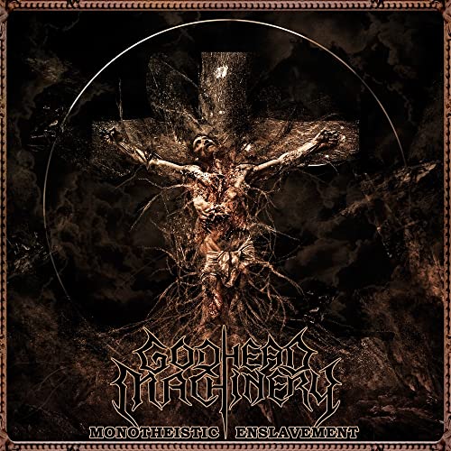 Dark album cover depicting a distorted, crucified figure within a circular frame.