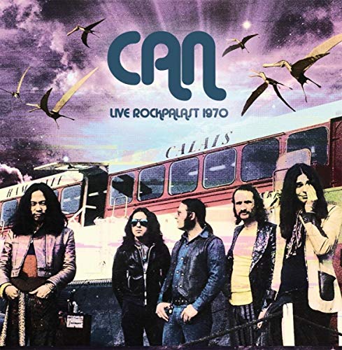 CAN album cover: band members, bus, and birds in a colorful design.