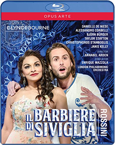 Blu-ray cover for Rossini’s *Il Barbiere di Siviglia* opera, featuring performers.