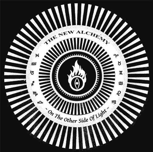 Black and white circular album cover with a flame and eye symbol.