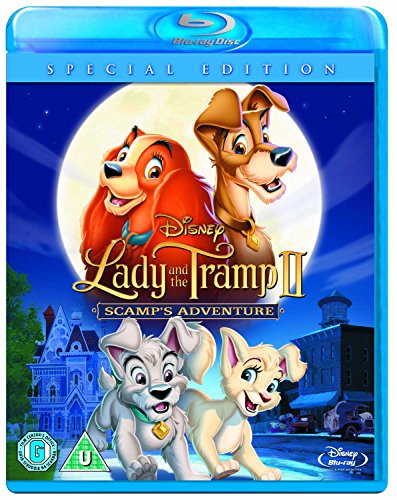 Lady and the Tramp II" Blu-ray cover featuring characters and a moonlit background.