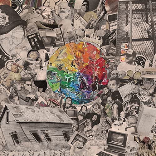 Collage ofLC of black and white photosBC photos with a centralC colorful central wheel.