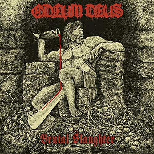 Dark album cover depicting a muscular figure with a bloody axe.