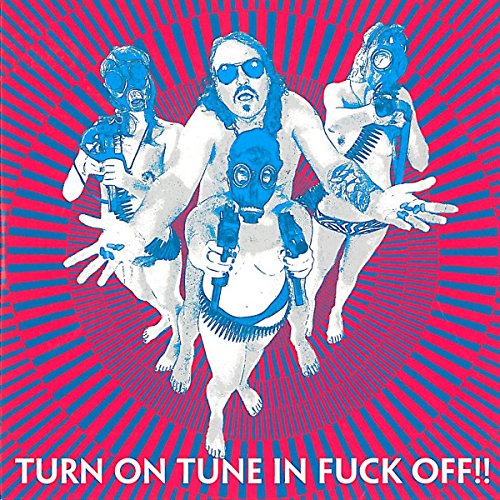 CD cover: three figures in gas masks and swimwear against red rays.
