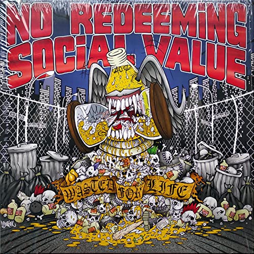 Record album cover with cartoonish skull, beer bottle, and urban decay.