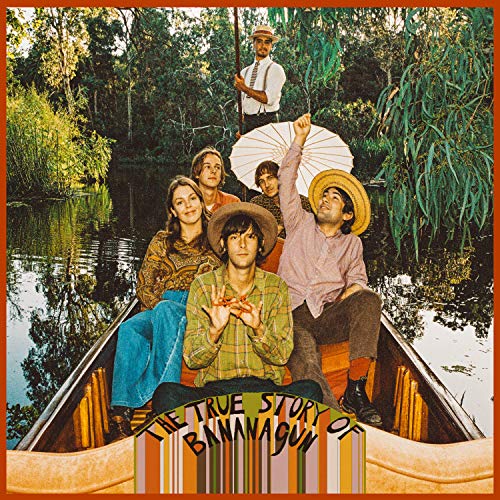 Album cover: five people in a boat on a waterway, vintage style.