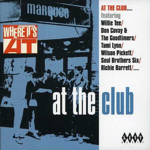Blue and white album cover with people outside a nightclub, featuring artist names.