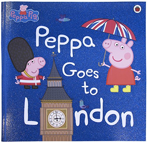 "Children's book cover featuring Peppa Pig characters and Big Ben against a blue background."