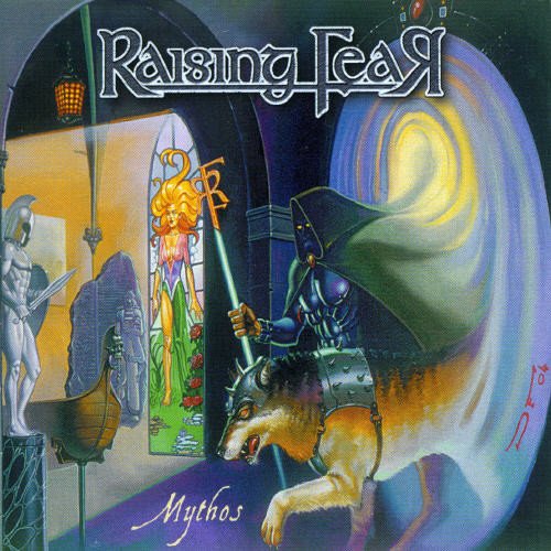 CD cover for Raising Fear’s “Mythos” featuring fantasy art of knights and a wolf.