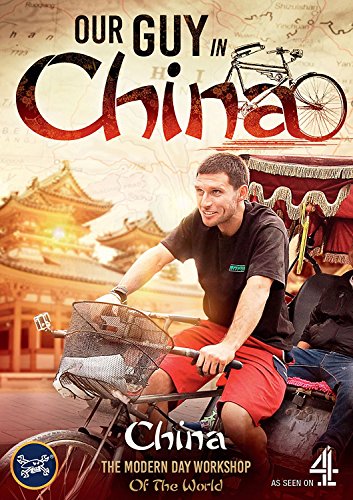 Guy Martin on a bicycle rickshaw in front of Chinese architecture.