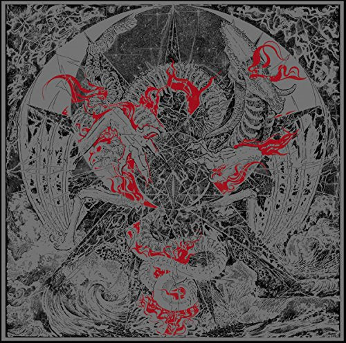 Intricate black and grey illustration with red accents of a demonic figure.