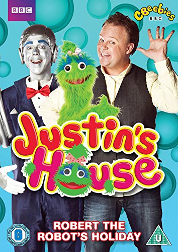 DVD cover featuring Justin, a robot, and a green monster puppet.