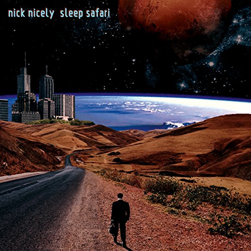 "Album cover: man walking on a dirt path, futuristic landscape with cityscape and planet."