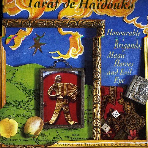 "Album cover with gold frame, map, and symbolic objects, featuring 'Taraf de Haidouks' title."