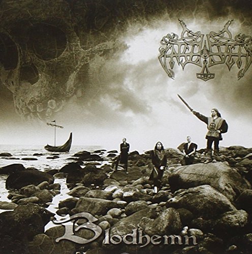 "Album cover with four men on rocky shore, boat in background, sepia-toned."
