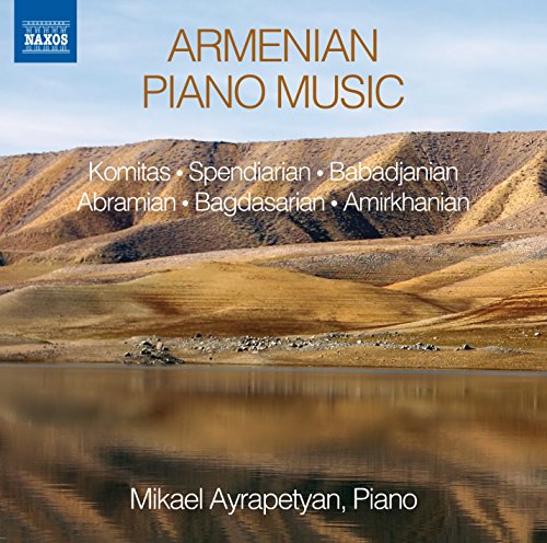 "CD cover featuring a serene landscape with 'Armenian Piano Music' title and composer names."