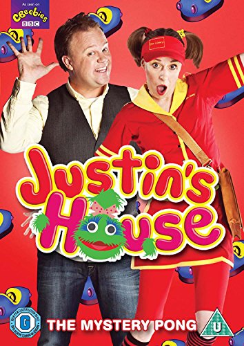 DVD cover for "Justin's House: The Mystery Pong" featuring two actors on a red background.