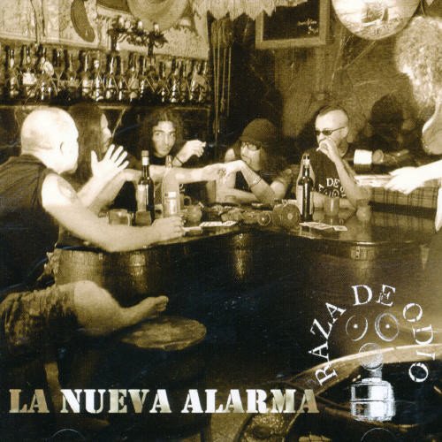 Sepia-toned CD cover depicting a group at a bar, titled "Raza De Odio.