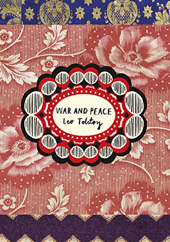 "Book cover with red floral pattern, ornate border, and 'War and Peace' title."