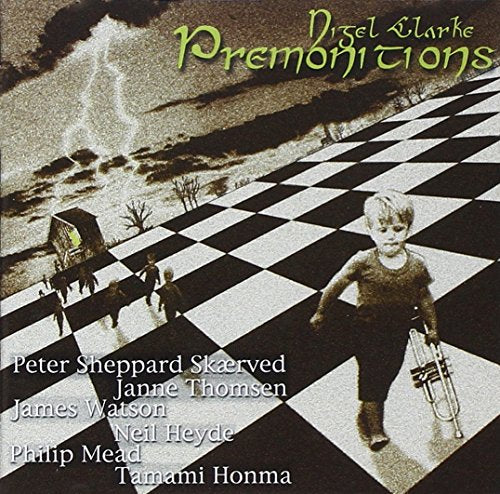 "Album cover: surreal scene with a child on a checkerboard, surrounded by figures."