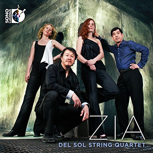 Four musicians of Del Sol String Quartet pose against a textured wall.