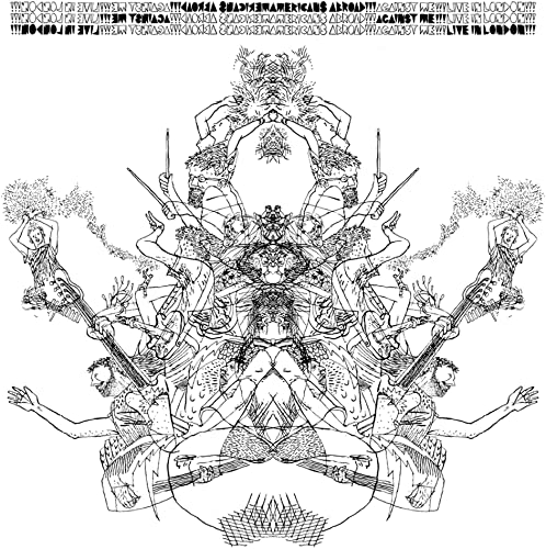 Black and white illustration of figures with musical instruments in a circular design.
