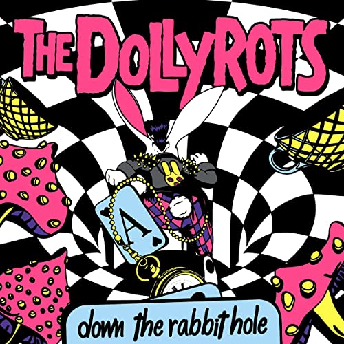 Album cover for The Dollyrots’ “Down The Rabbit Hole” featuring cartoon characters.