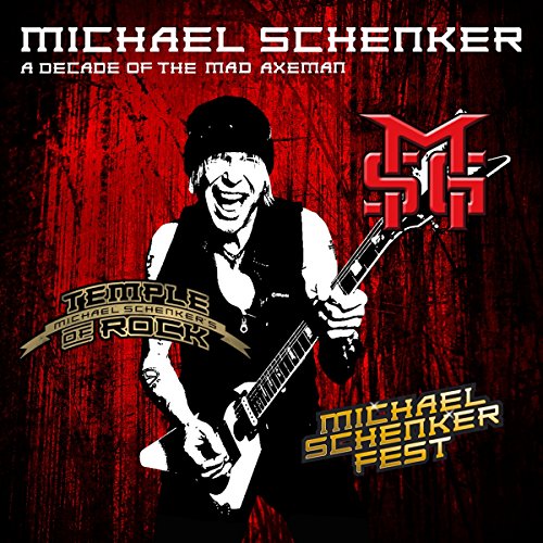"Michael Schenker album cover featuring a man playing guitar, red and black background."