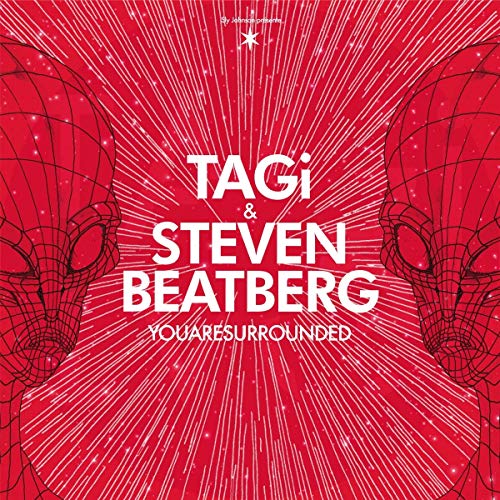 Red album cover with white text and black skull illustrations, radiating white lines.